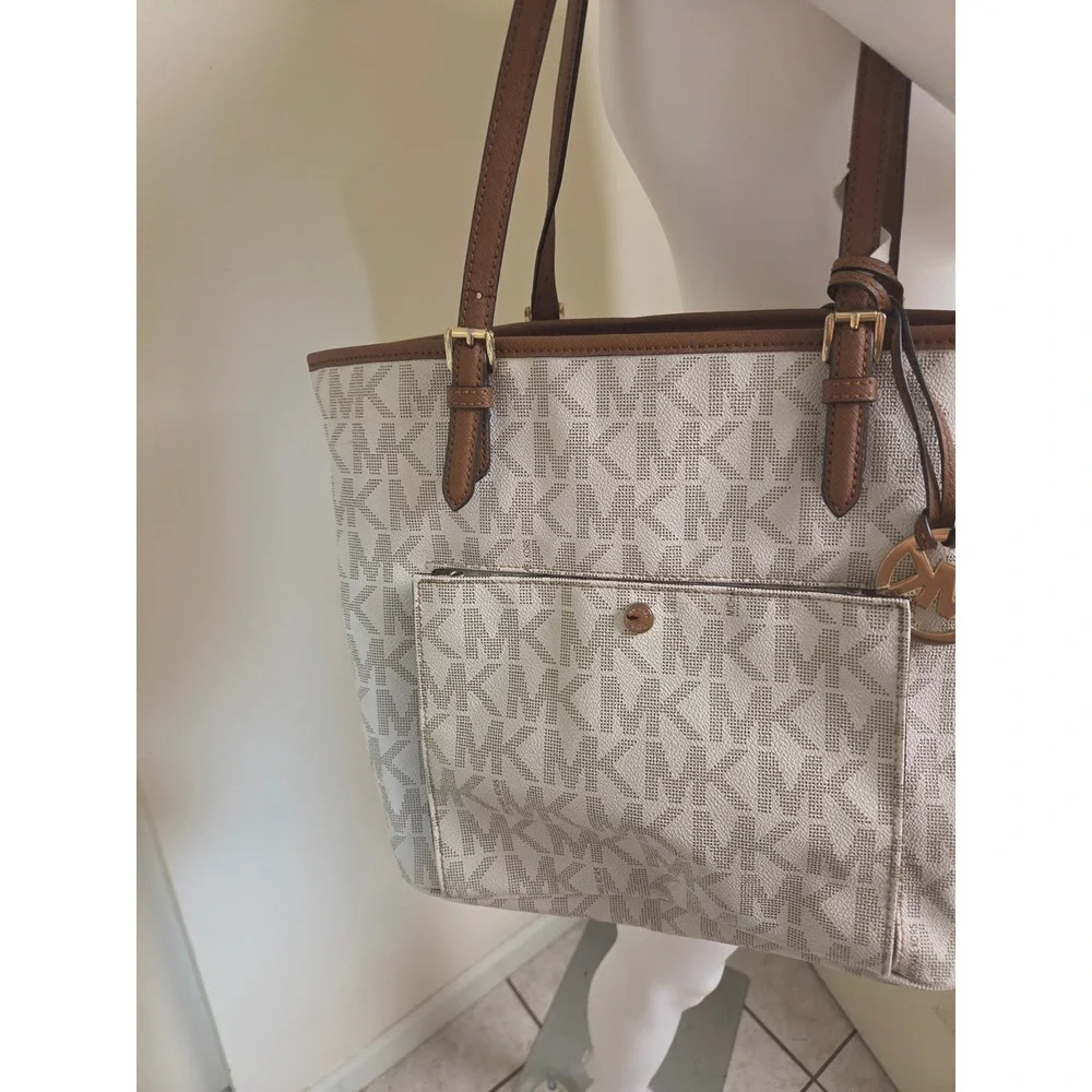 Michael Kors Voyager East West Tote Bag White MK Monogram Brown Trim